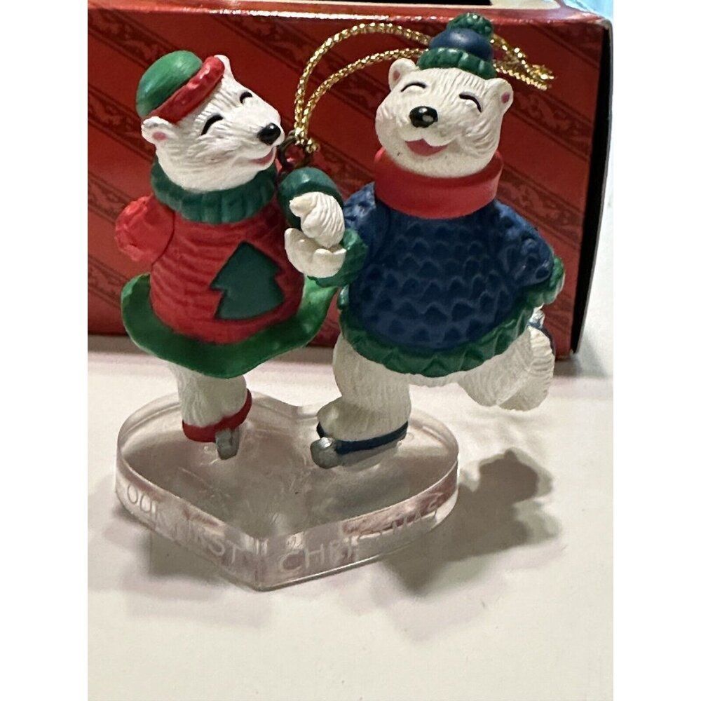 Vintage Gibson CHRISTMAS Tree Ornament OUR FIRST CHRISTMAS POLAR BEARS Skating